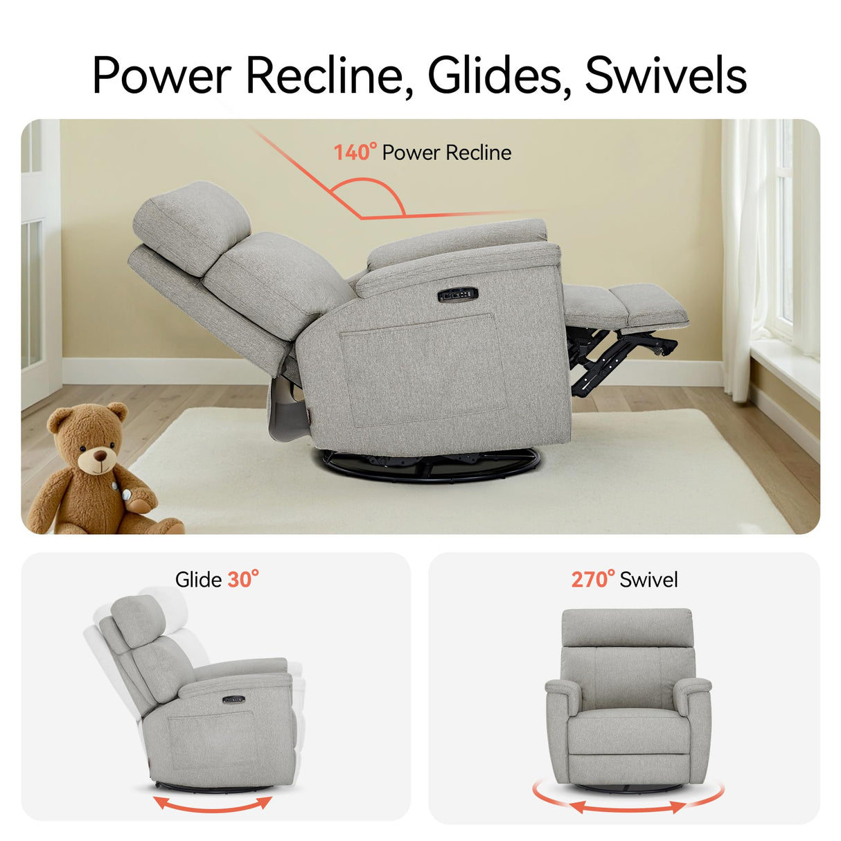 MCombo Oversized Swivel Glider Rocker Recliner with Adjustable Headrest, Dual Motor Power Recliner for Nursery, Led Nightlight, Fabric PR601 (Mist Grey) MCombo