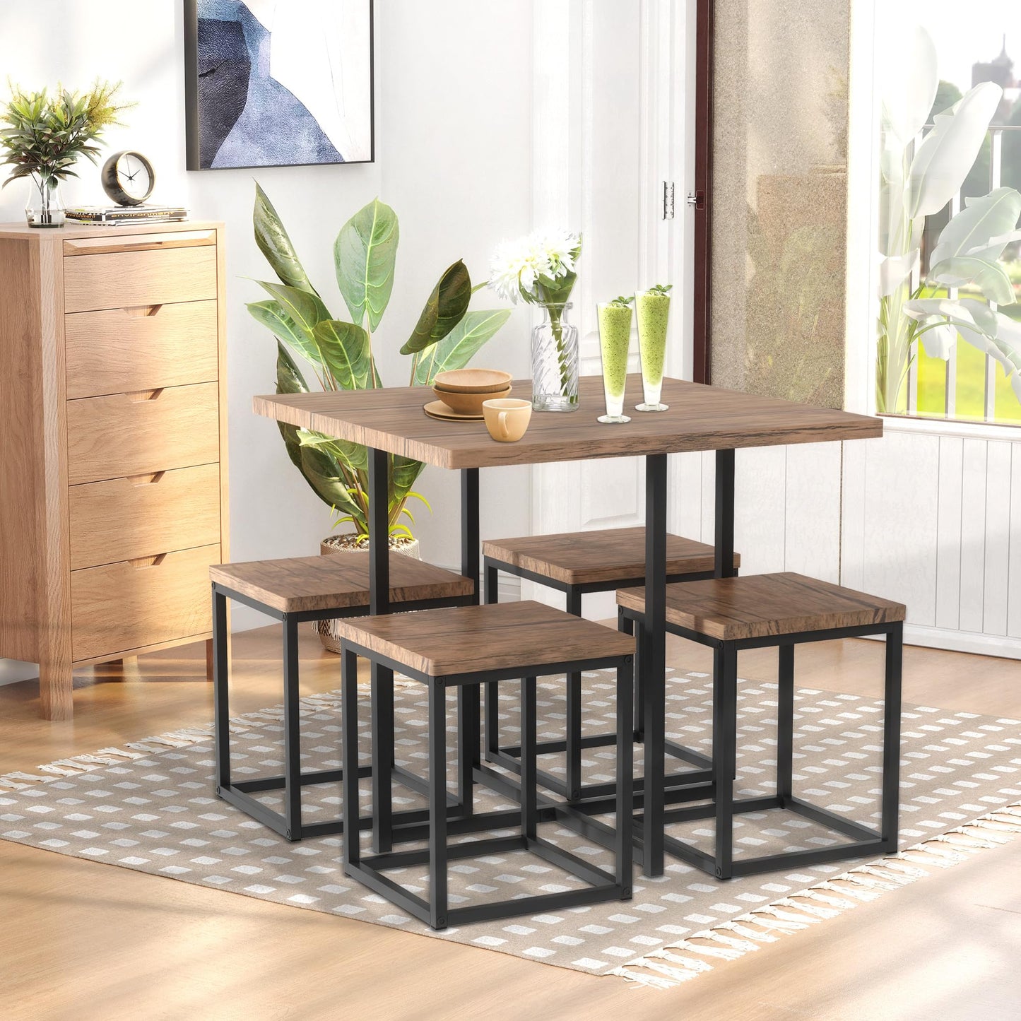 HOMCOM 5-Piece Square Dining Set for 4 in Walnut Wood Finish - Perfect for Small Spaces