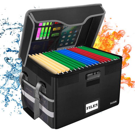 DocSafe File Box Fireproof Document Box with Lock,File Storage Organizer Box with Mesh Pockets,Collapsible Portable File Box Home Office File Cabinet with Handle for Hanging Letter/Legal Folder,Black DocSafe