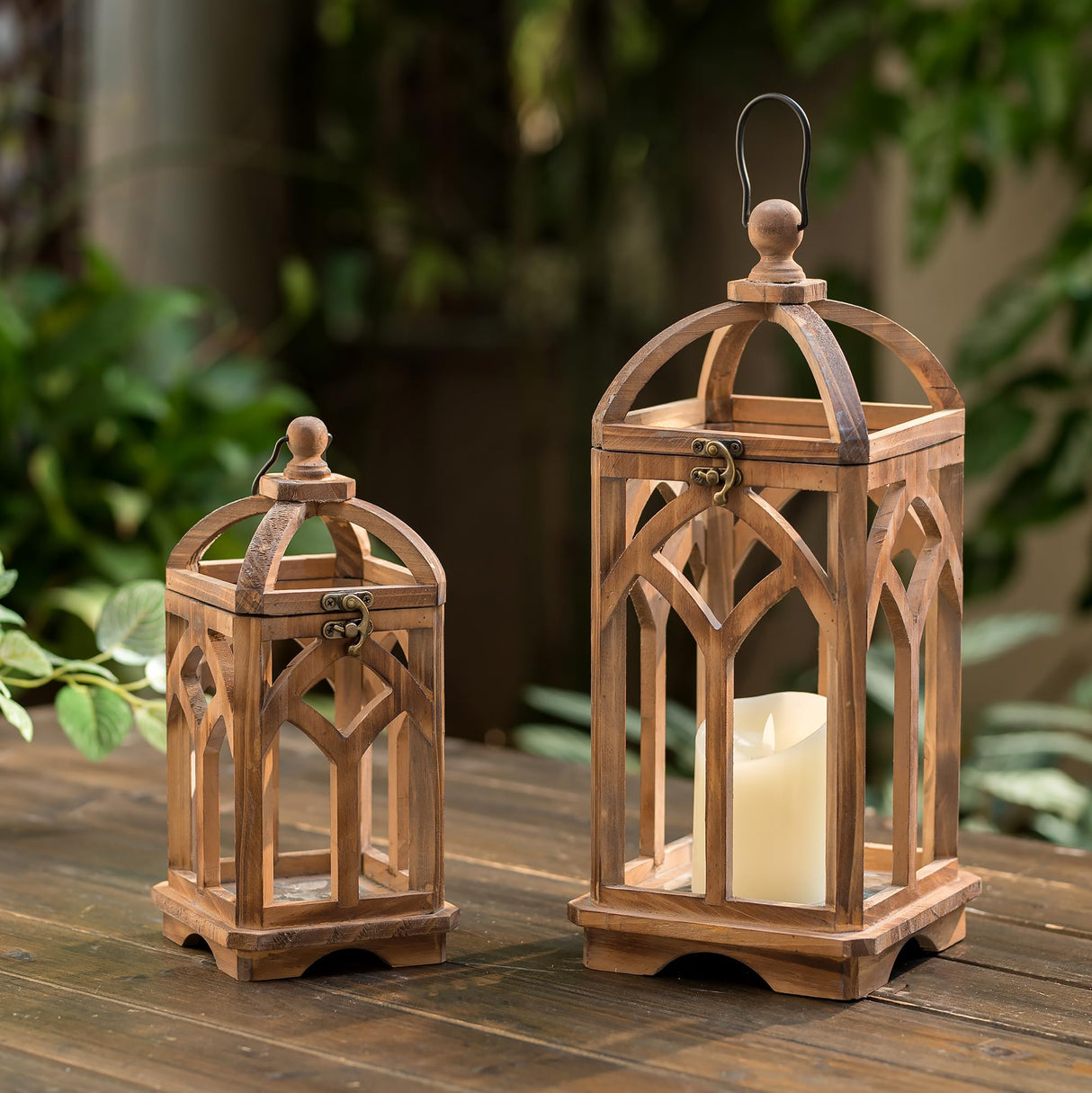 Staymoment Farmhouse Lanterns Decorative Indoor: 11" & 15" Set of 2 Brown Wooden Candle Holder Lanterns for Table Centerpiece Fireplace Mantle Home Decor Staymoment