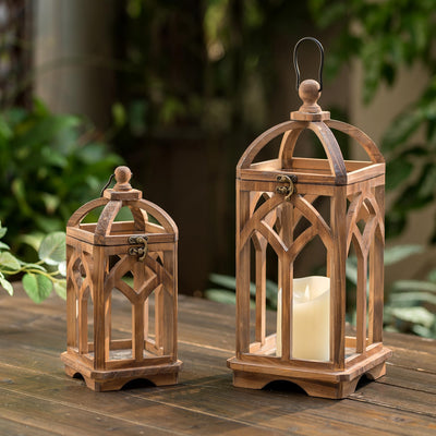 Staymoment Farmhouse Lanterns Decorative Indoor: 11" & 15" Set of 2 Brown Wooden Candle Holder Lanterns for Table Centerpiece Fireplace Mantle Home Decor