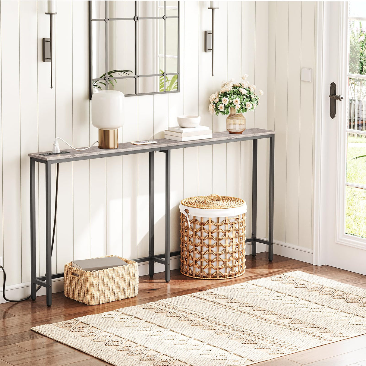 HOOBRO 5.9" Skinny Console Table with Charging Station, 63" Narrow Sofa Table with Power Outlets, Long Behind Couch Table, Slim Entryway Table for Hallway, Living Room, Greige and Black BG165UXG01 HOOBRO