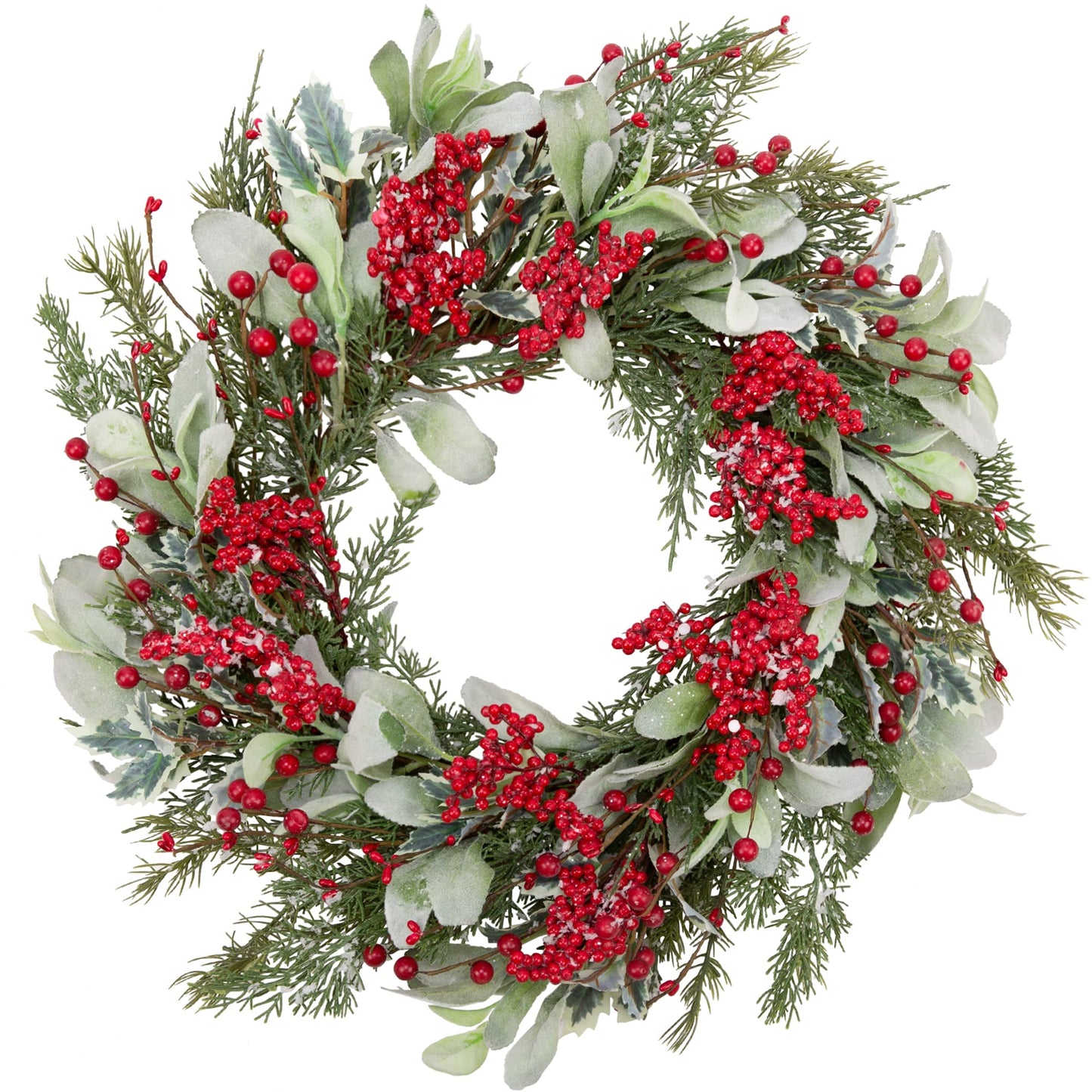 Skrantun 20 Inch Artificial Christmas Wreath Door Wreath with Lambs Ear Leaves Winter Wreath with Artificial Snow and Red Berries Christmas Decorations with Pine Needles for Home Wall Window Decor