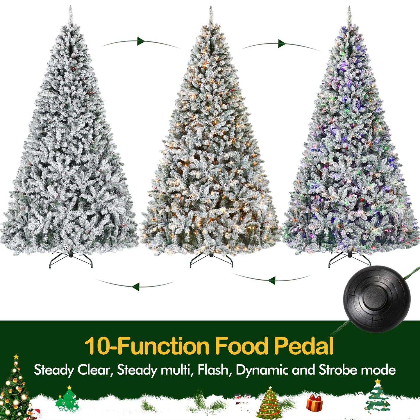 Hykolity 6.5 ft Prelit Snow Flocked Christmas Tree, Artificial Christmas Pine Tree with 250 Multicolor LED Lights, 1032 Tips, Metal Stand and Hinged Branches, 10 Colors