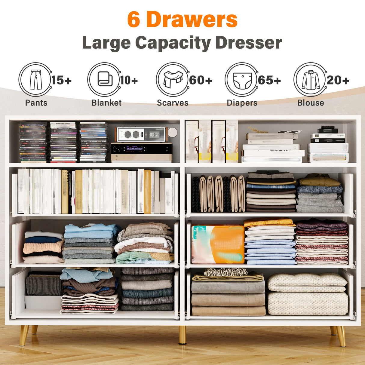 EnHomee 6 Drawer Dresser for Bedroom White Modern Dresser with LED Lights,Large TV Stand,Hallway,47.3" W x 39.4" H x 15.8" D, EnHomee