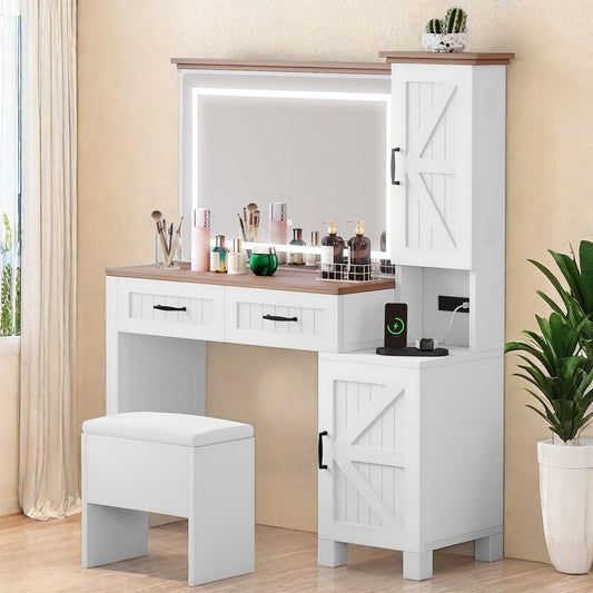 YITAHOME Vanity Desk with Mirror, Makeup Desk with Charging Station, Drawers, Cabinets, and Adjustable Shelves, Modern Vanity Desk with Stool