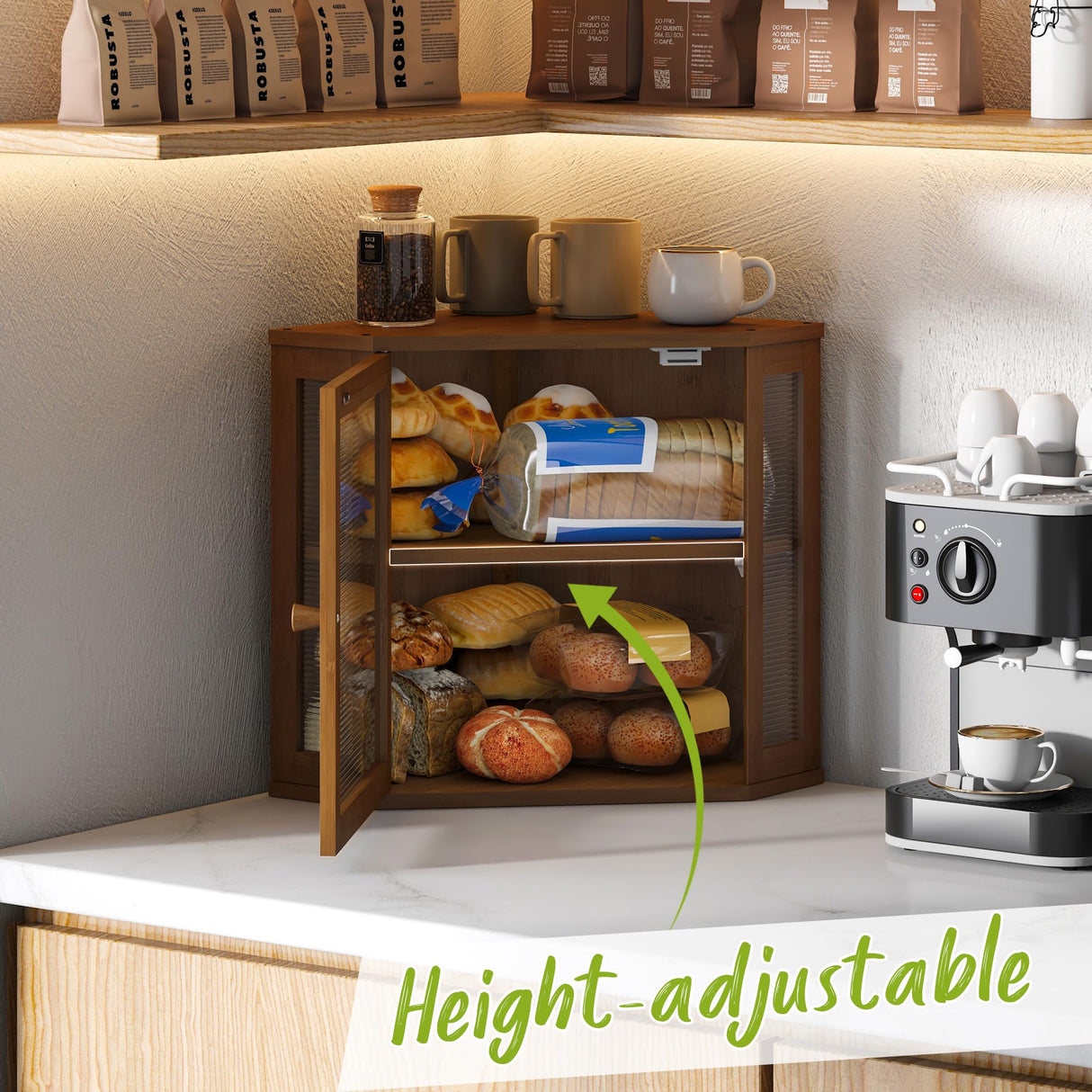 BMOSU Corner Bread Box for Kitchen Countertop Double Layer Bamboo Wooden Bread box Large Capacity Bread Storage Bin(Brown, Medium) BMOSU