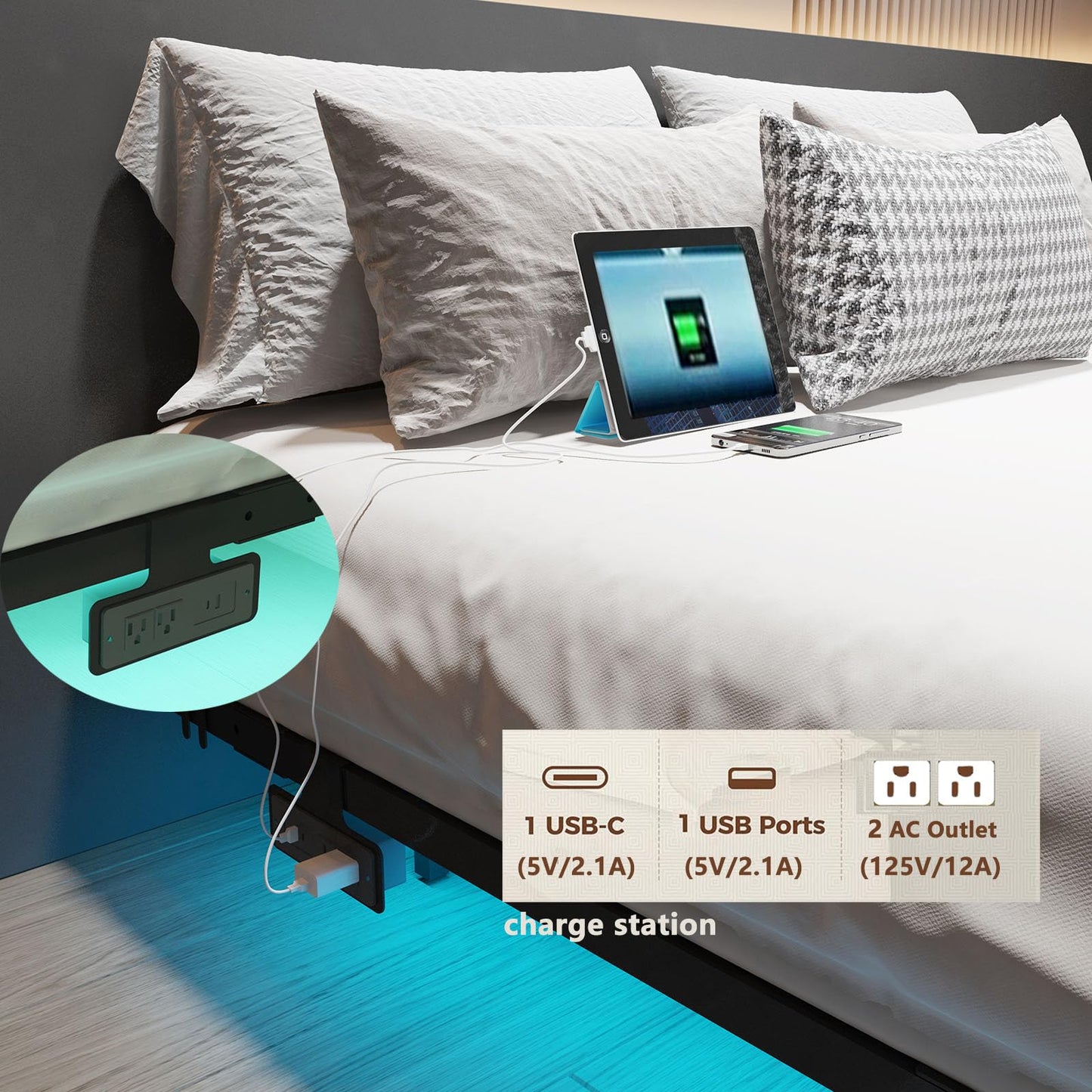 Muluflower King Size Floating Bed Frame with LED Lights and Convenient Charging Station - WoodArtSupply