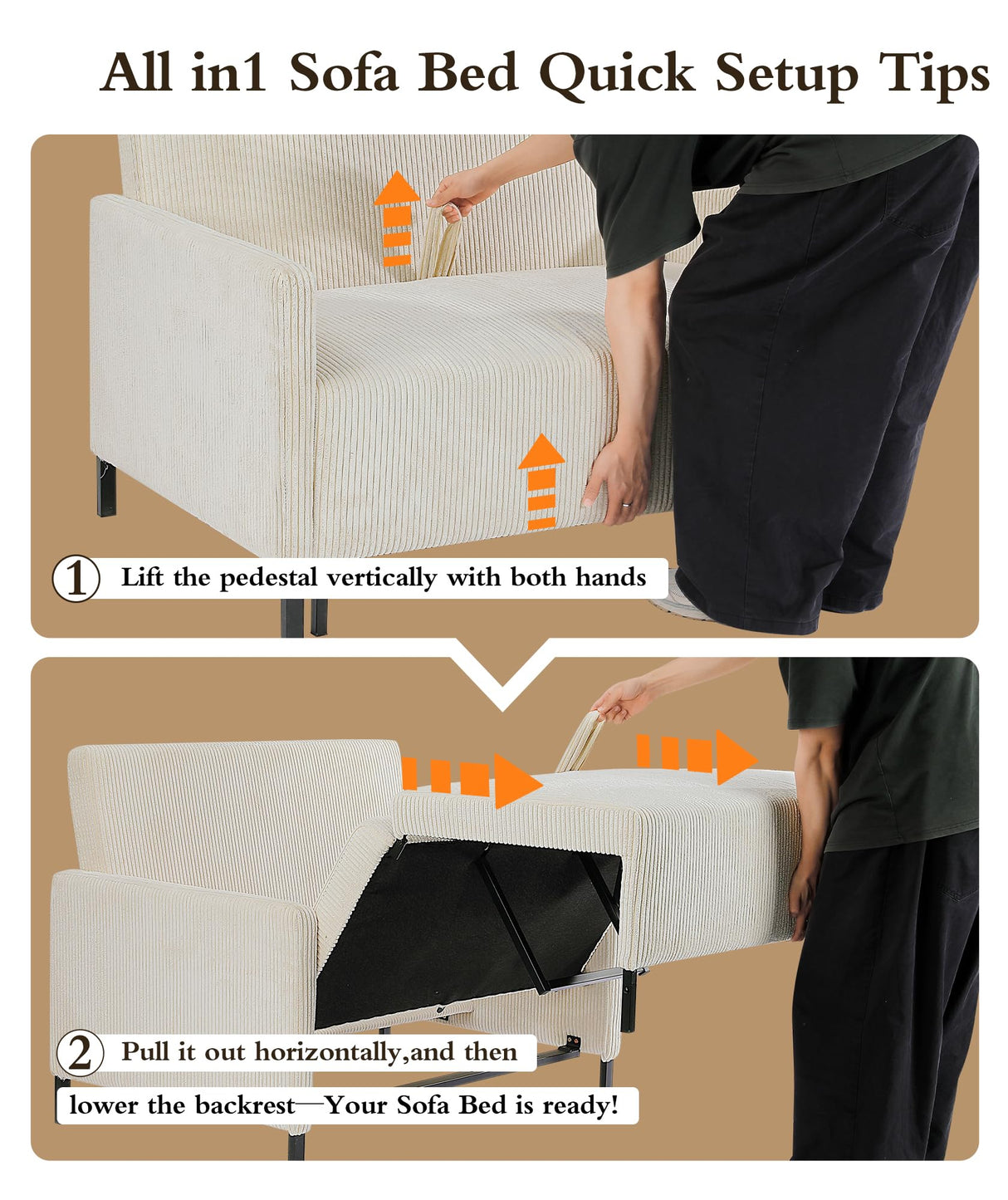 Corduroy Convertible Sofa Bed, 47" Loveseat Sleeper Sofa, Pull out Couch 618lbs Capacity, Modern Sleeper Couch Bed 2 Fluffy Pillows Included, Small Couches for Small Spaces/Apartment/Office, Beige Domusensus