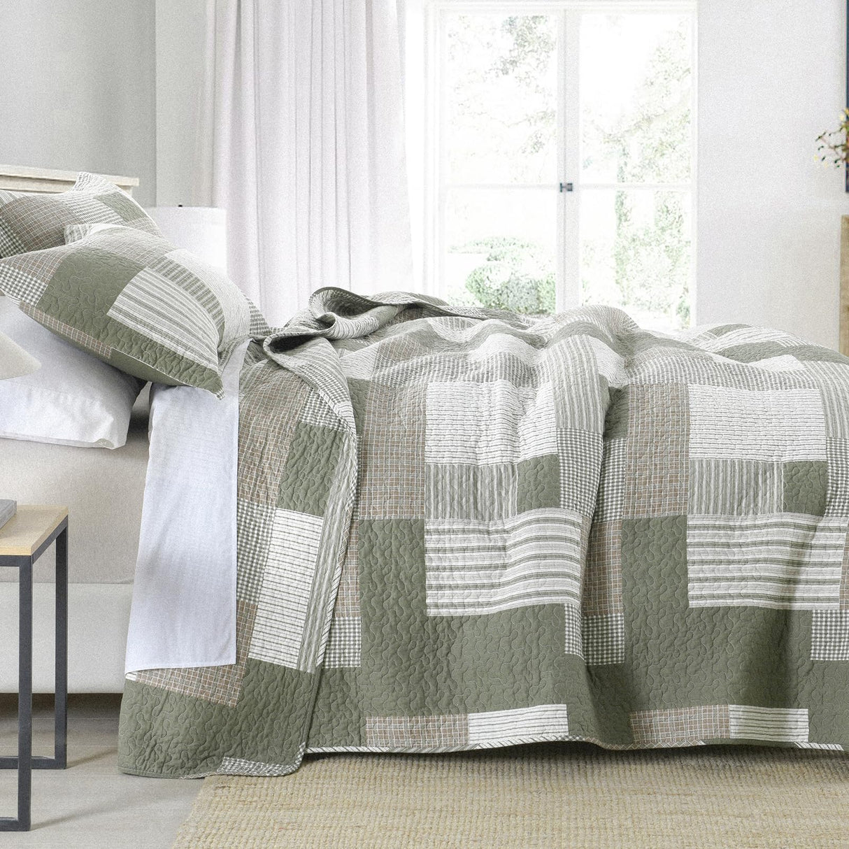 SahSahCasa Quilt King Size, King Quilt Set, 100% Cotton King Quilt Bedding Set Bedspreads, Farmhouse Patchwork Quilt, Plaid Reversible Lightweight Rustic Bedspread, Green/Brown, 3Pcs SahSahCasa