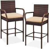 Best Choice Products Set of 2 Wicker Bar Stools, Indoor Outdoor Bar Height Chairs w/Cushion, Footrests, Armrests for Backyard, Patio, Pool, Garden, Deck - Brown Best Choice Products
