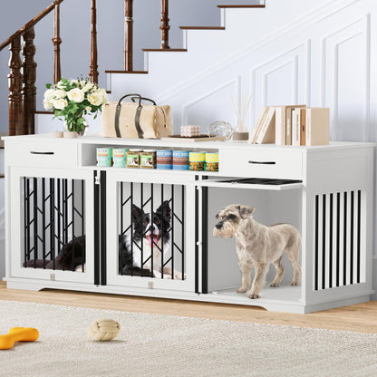 YITAHOME Dog Kennel Furniture for 3 Dogs, 71.2" Dog Crate TV Stand with 2 Drawers, Wooden Large Dog Kennel for 3 Small Medium Dogs, White