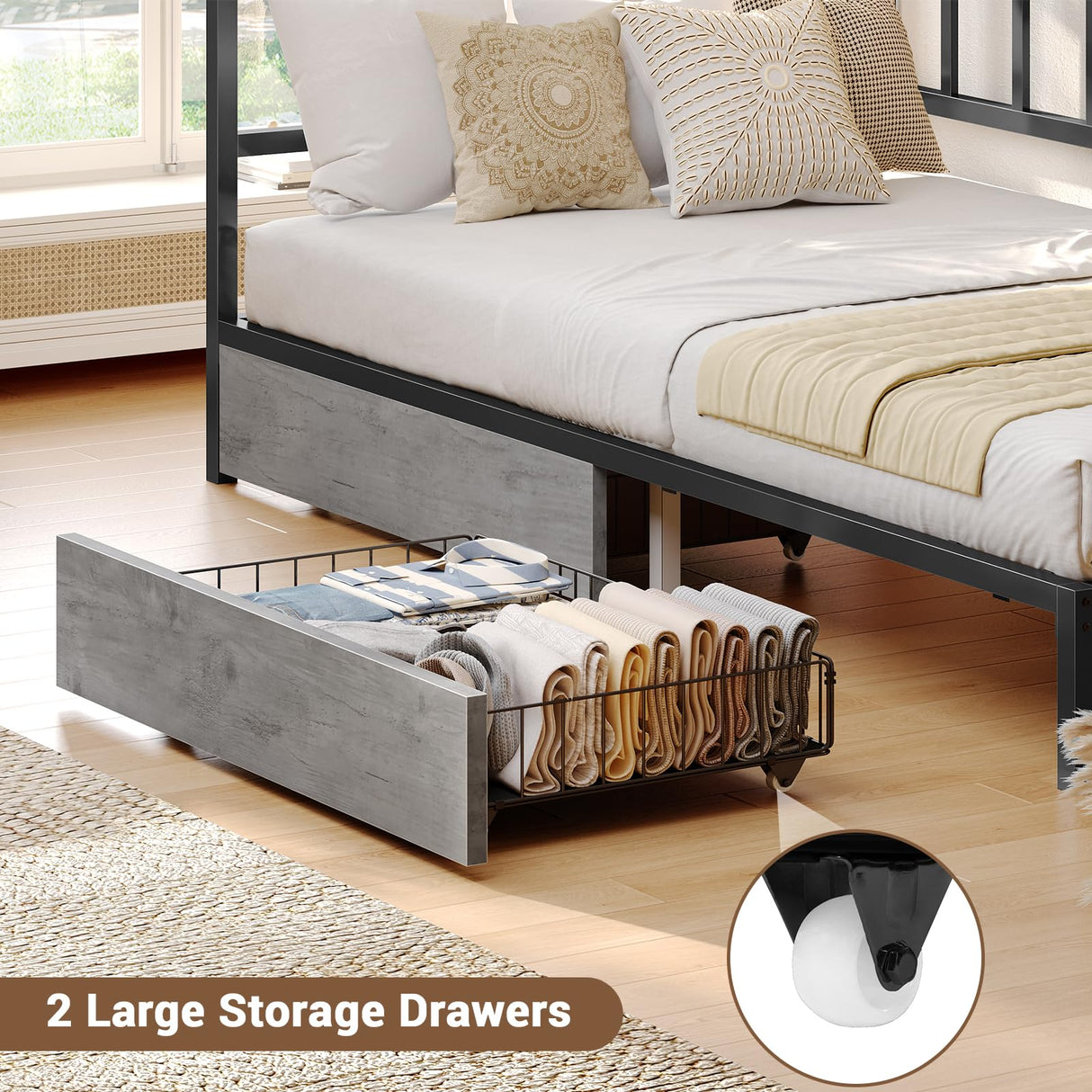 Hasuit Twin Corner Bed Frame with Storage Drawers, Twin Size Bed with Fence, Teenagers/Kids Bed Unit with Charging Station and LED Light, Black Modern Daybed Reversible Left or Right Hasuit