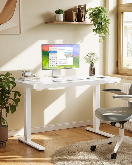 Marsail Glass Standing Desk with Drawer, 48 x 24 inch Electric Standing Desk, Height Adjustable Desk with One-Piece Tabletop & USB Charging Ports, Sit Stand Desk with Storage for Home & Office White Marsail