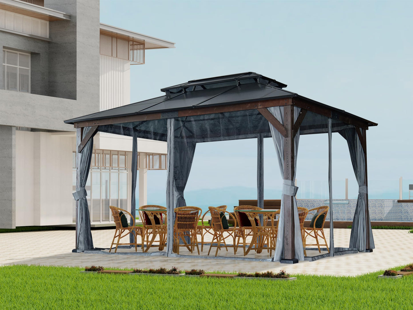 10' x 13' Hardtop Cedar Wood Gazebo for Patios, Outdoor Cedar Framed Gazebo with Double Metal Roof, Solid Wooden Framed Gazebo with Privacy Curtains and Mosquito Nettings for Garden, Backyard