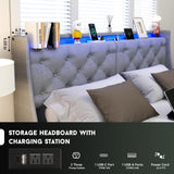King Size Bed Frame with LED Lights and Charging Station, Upholstered Platform Bed with Storage Headboard and 4 Drawers, Metal Slat Support, Noise-Free, No Box Spring Needed, Easy Assembly, Gray UINTAI