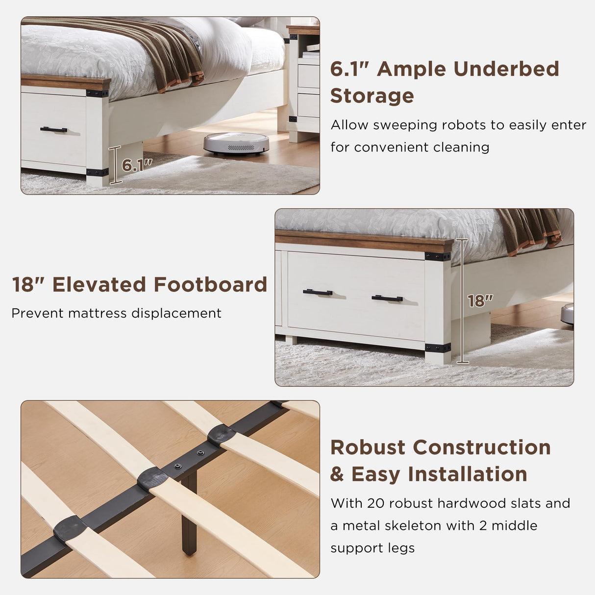 RedLemon Antique White Farmhouse Queen Bed Frame with 54" Geometric Headboard and Storage Drawers RedLemon