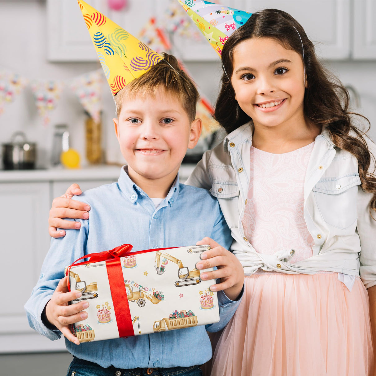 SaringSwoon Construction Birthday Wrapping Paper for Boys Kids- Gift Wrap With Tractor & Trucks, Happy Birthday, Balloons, Cake and Gifts for Birthday, Baby Shower - 28x40 Inches, 4 Folded Sheets SaringSwoon