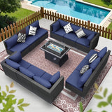 BULEXYARD 13 Piece High Back Outdoor Furniture Sets with Fire Pit, Luxury Patio Sectional Couch Sofa 12-Seater Modular, Comfortable Extra Large Wide Deep Backyard Seating Conversation Set, Grey & Blue BULEXYARD
