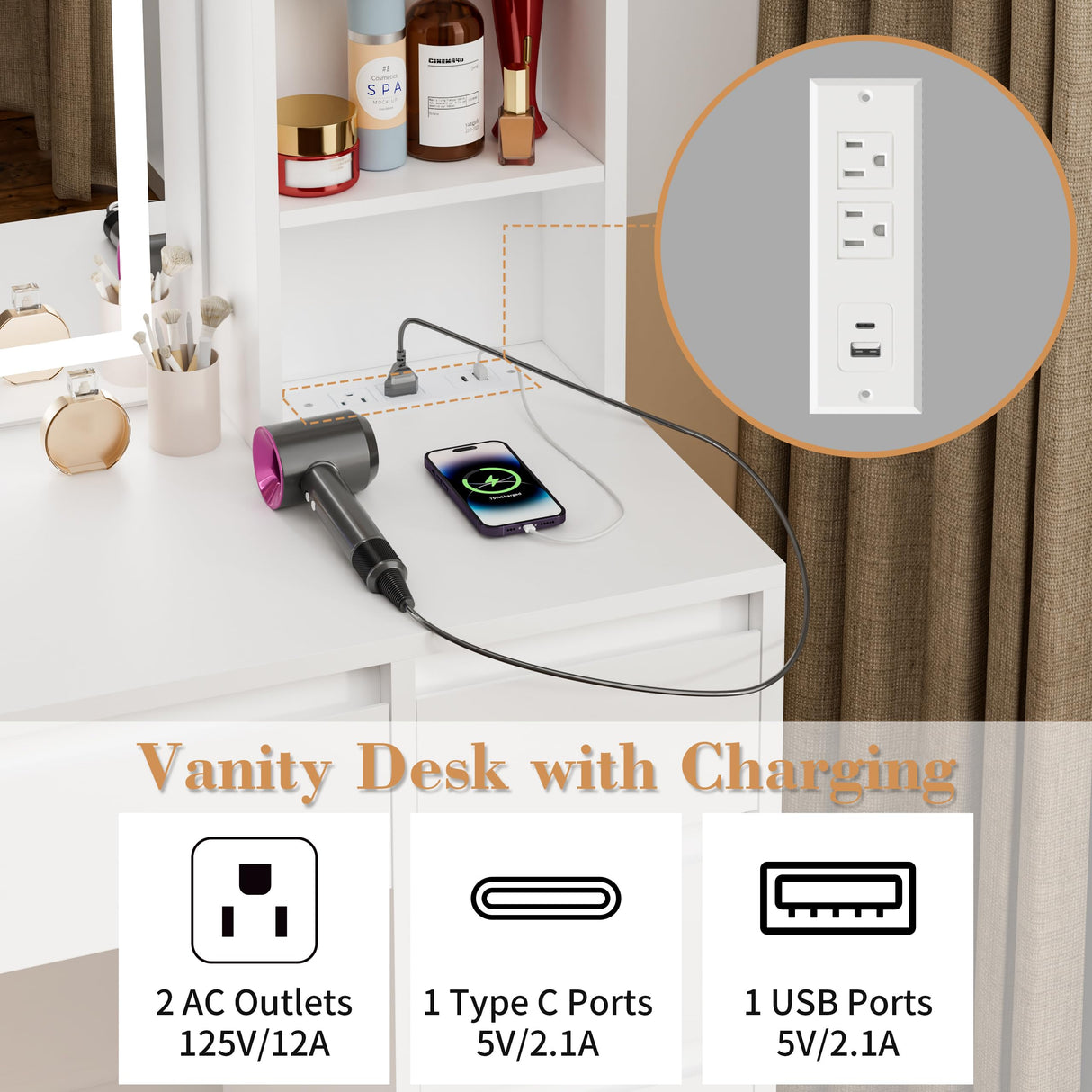 COWMOU Tall Vanity Desk with LED Mirror and RGB Lights Shelves, White Makeup Vanity with Power Outlet, Vanity Table with 5 Sliding Drawers & 2 Cabinets for for Bedroom and Dressing Room COWMOU