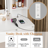 COWMOU Tall Vanity Desk with LED Mirror and RGB Lights Shelves, White Makeup Vanity with Power Outlet, Vanity Table with 5 Sliding Drawers & 2 Cabinets for for Bedroom and Dressing Room COWMOU