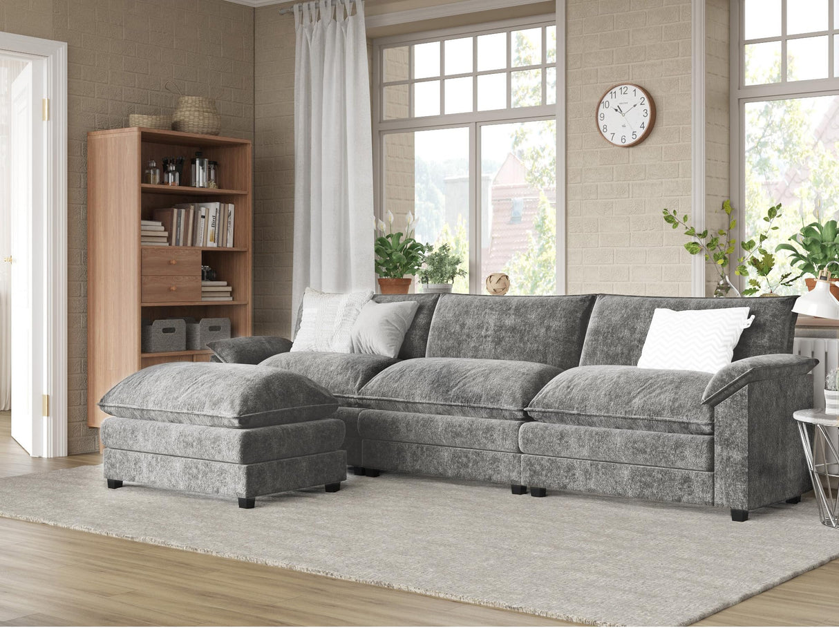 Furmax Modern Convertible Sofa L Shaped Couch, Fabric 4 Seat Sofa Set with Ottoman, Modular Sectional Sofa Couch, Sectional Couches for Living Room, Apartment (Light Grey) Furmax