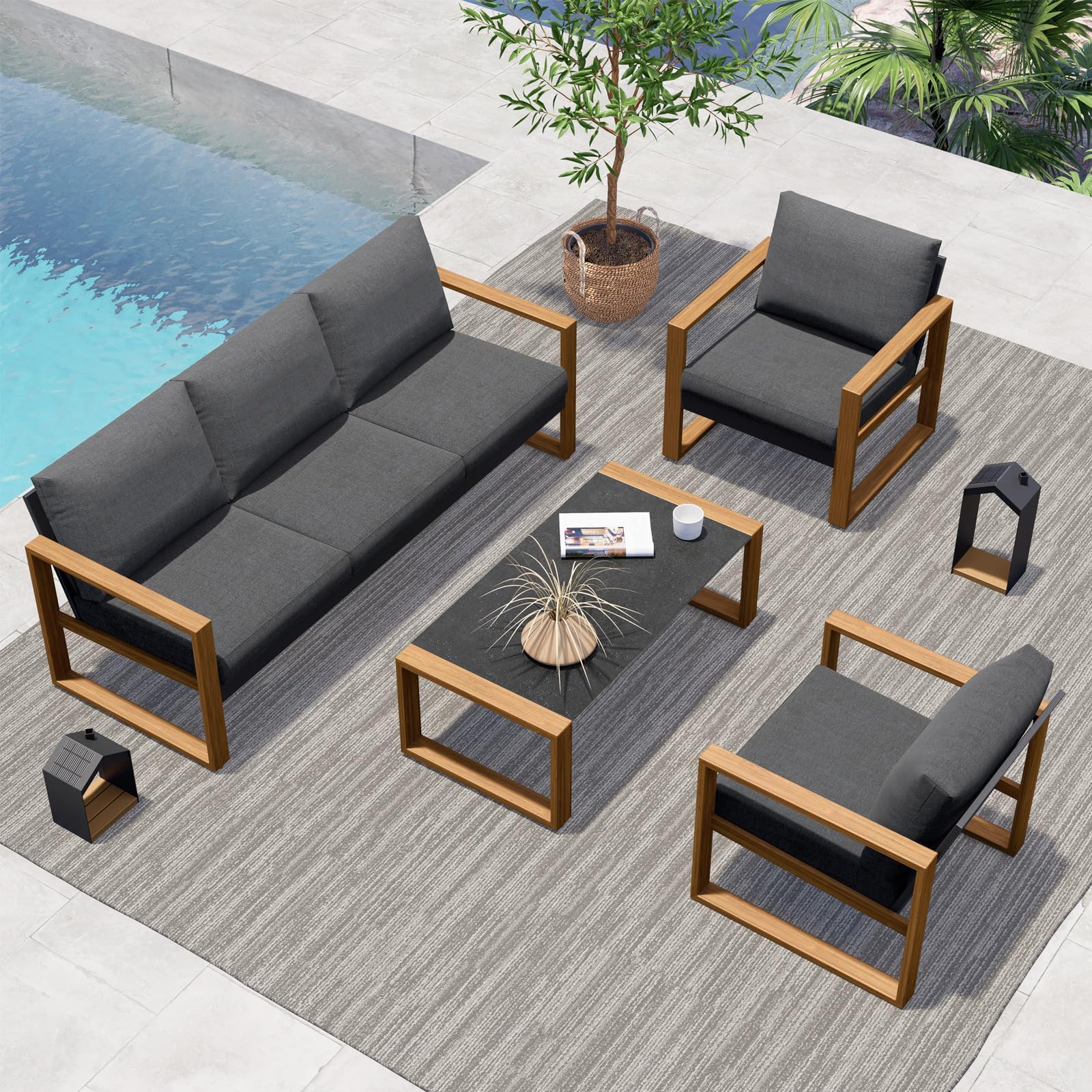 Grand patio Outdoor 4-Piece Modern Aluminum Patio Furniture Sets 5 Person Conversation Set, Faux Wood Grain Finish Frame Sofa with Removable Olefin Extra Thick Cushions and Coffee Table for G - WoodArtSupply