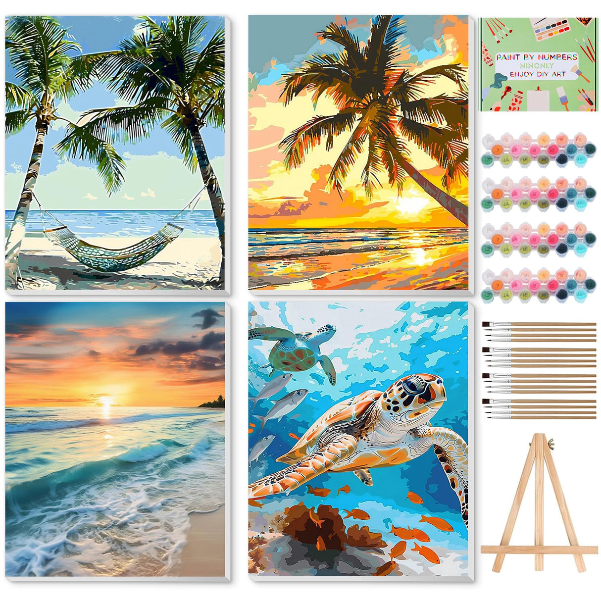Ninonly Paint by Numbers Kit for Adults Framed Canvas 12x16 Inch, 4 Pack Beach Sea Turtle Paint by Number Arts Crafts for Adults Beginner with Wooden Easel, Painting Brushes, Acrylic Painting Ninonly