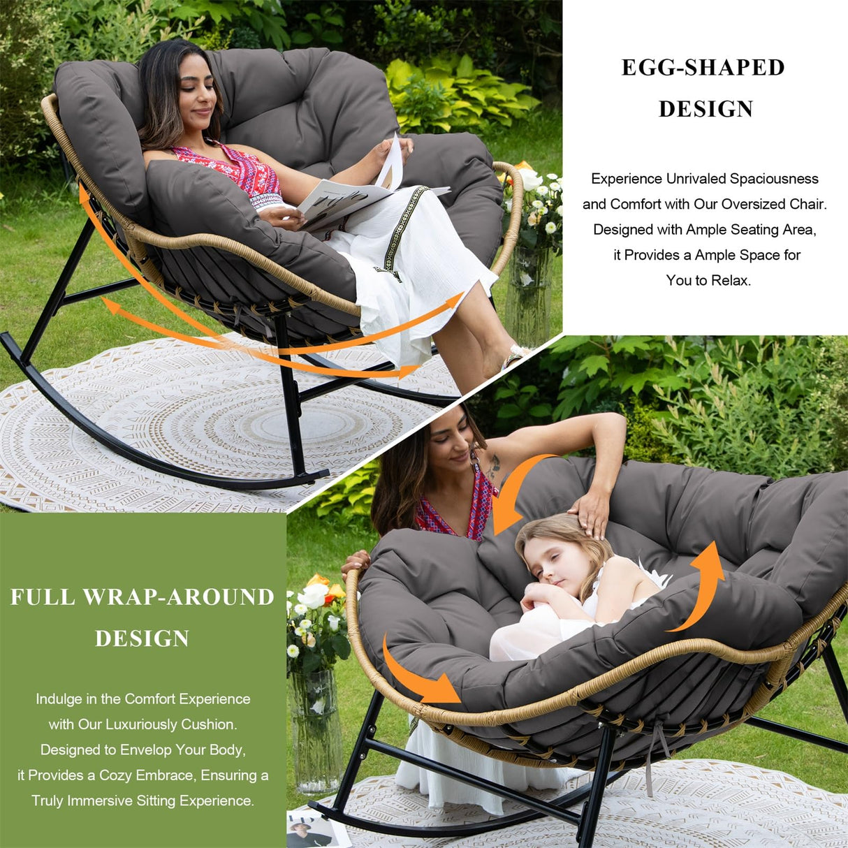 FINCATI Indoor Outdoor Papasan Rocking Chairs,Modern Large Reading Lounge Chair with Cushion,Rattan Royal Egg Chair for Bedroom Living Room Porch Garden(Dark Gray) FINCATI