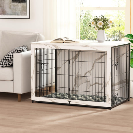 Megidok Wooden Dog Crate Furniture with Cushion, Dog Crate End Table with Tray, Double Doors Dog Crate(*L:43.1" L*28.6" W*30.3" H, Marble White) Megidok