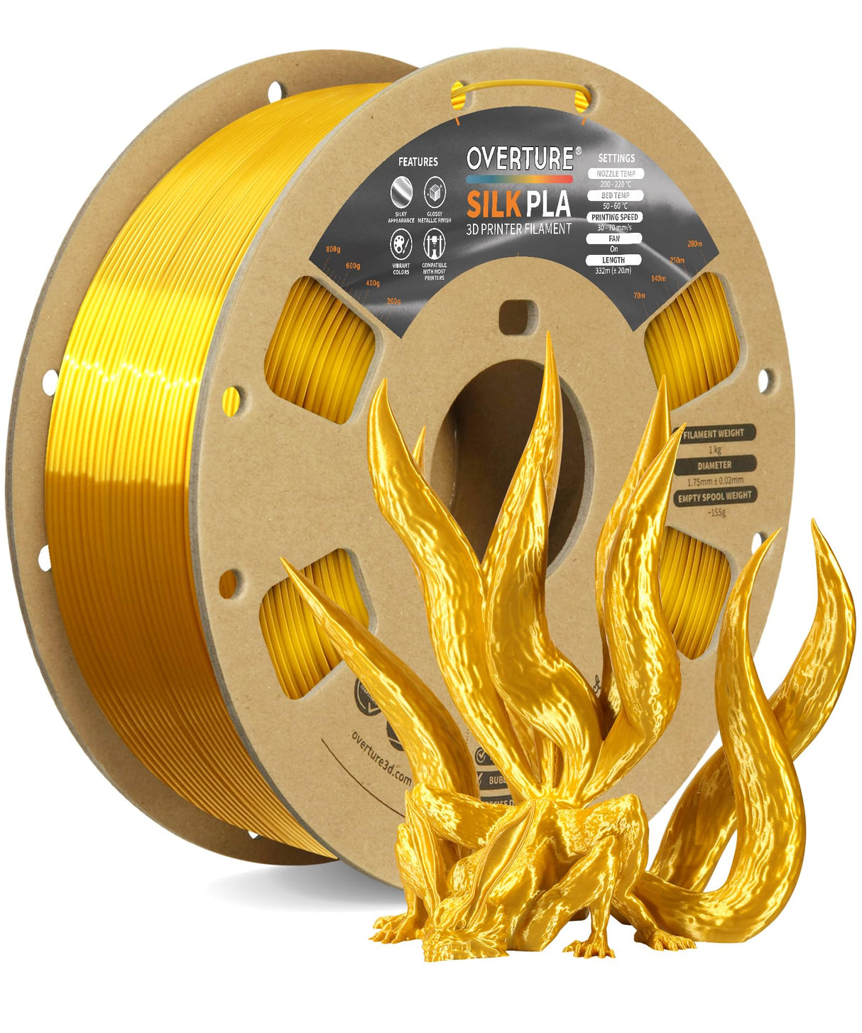 OVERTURE Silk Filament PLA 1.75mm Clog-Free Shiny 3D Printer Filament, 1kg Spool (2.2lbs), Dimensional Accuracy +/- 0.02 mm, Fit Most FDM Printer(Silk Gold) OVERTURE