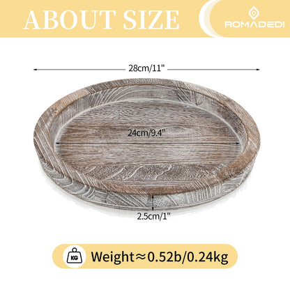 Wooden Decorative Tray Candle Holder: Romadedi Round Wood Tray Home Decor, Whitewash Rustic Trays for Farmhouse Dinning Table Kitchen Countertop Coffee Table Wedding Centerpiece, 11inch, Size L