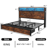 Farmhouse King Bed Frame with Bookcase Headboard and Storage Drawers, LED Lights and Charging Station, No Box Spring Needed, Noise Free, Rustic Brown Fastroby