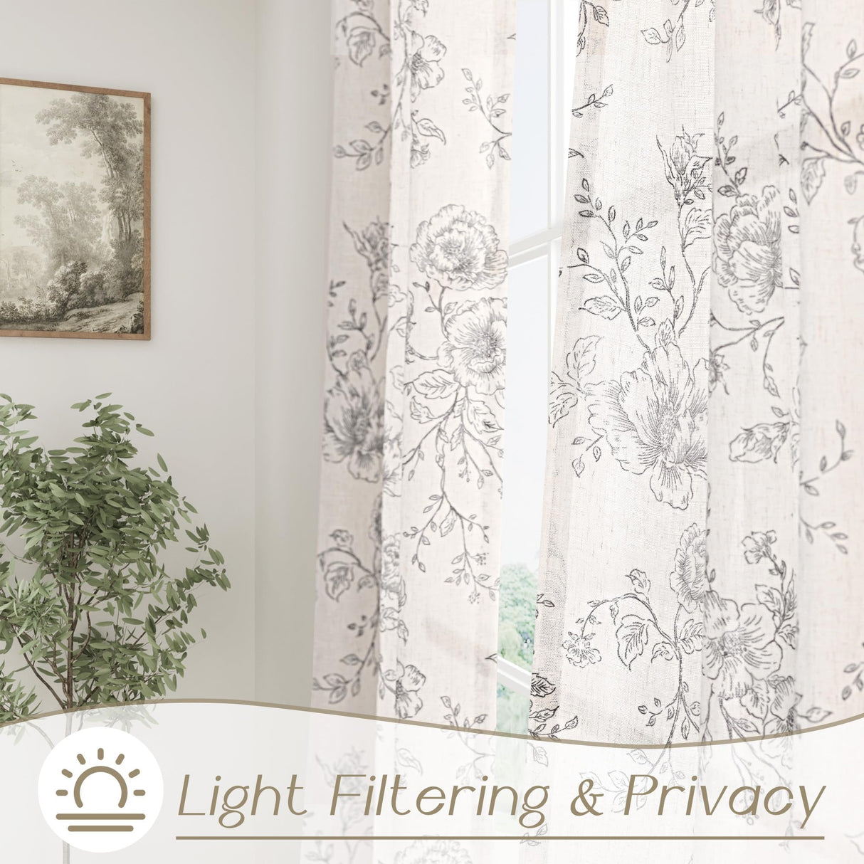 Floral Linen Curtains 108 inch Length for Living Room Black and Cream Patterned Curtains Sketch Print Burlap Textured Rustic Farmhouse Country Curtains Shabby Chic Extra Long Floral Drapes 9 FT Meikelor