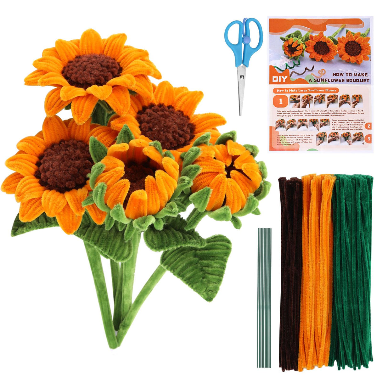 UzecPk 430PCS Pipe Cleaners for Crafts, Pipe Cleaner Sunflower Kit, Pipe Cleaner Craft Sunflowers Kit with Instructions, 3 Colors Pipe Cleaners Set for DIY Art Craft Decorations-5 Flowers UzecPk