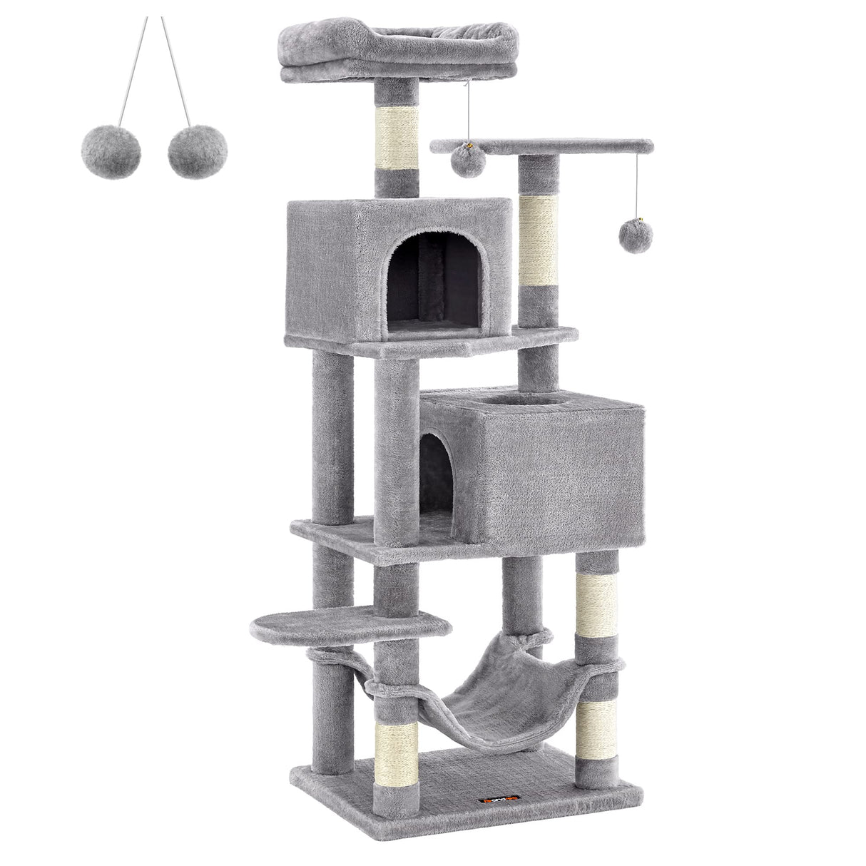 Feandrea Cat Tree, 61-Inch Cat Tower for Indoor Cats, Plush Multi-Level Cat Condo with 5 Scratching Posts, 2 Perches, 2 Caves, Hammock, 2 Pompoms, Light Gray UPCT192W01 Feandrea