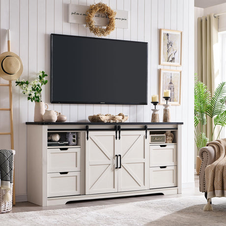 Farmhouse TV Stand for 75+ Inch TV, 32" Tall Entertainment Center w/4 Drawers & Sliding Barn Door, Rustic Media Console w/Storage Shelves, 66" Wood Television Stand for Living Room, Off White JXQTLINGMU