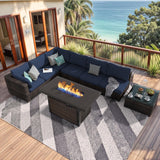 GREZJXC 8 Pieces Outdoor Sectional Patio Furniture Set with Fire Pit Table,PE Rattan Wicker Patio Sectional Conversation Set with Cushions and Glass Coffee Table Blue GREZJXC