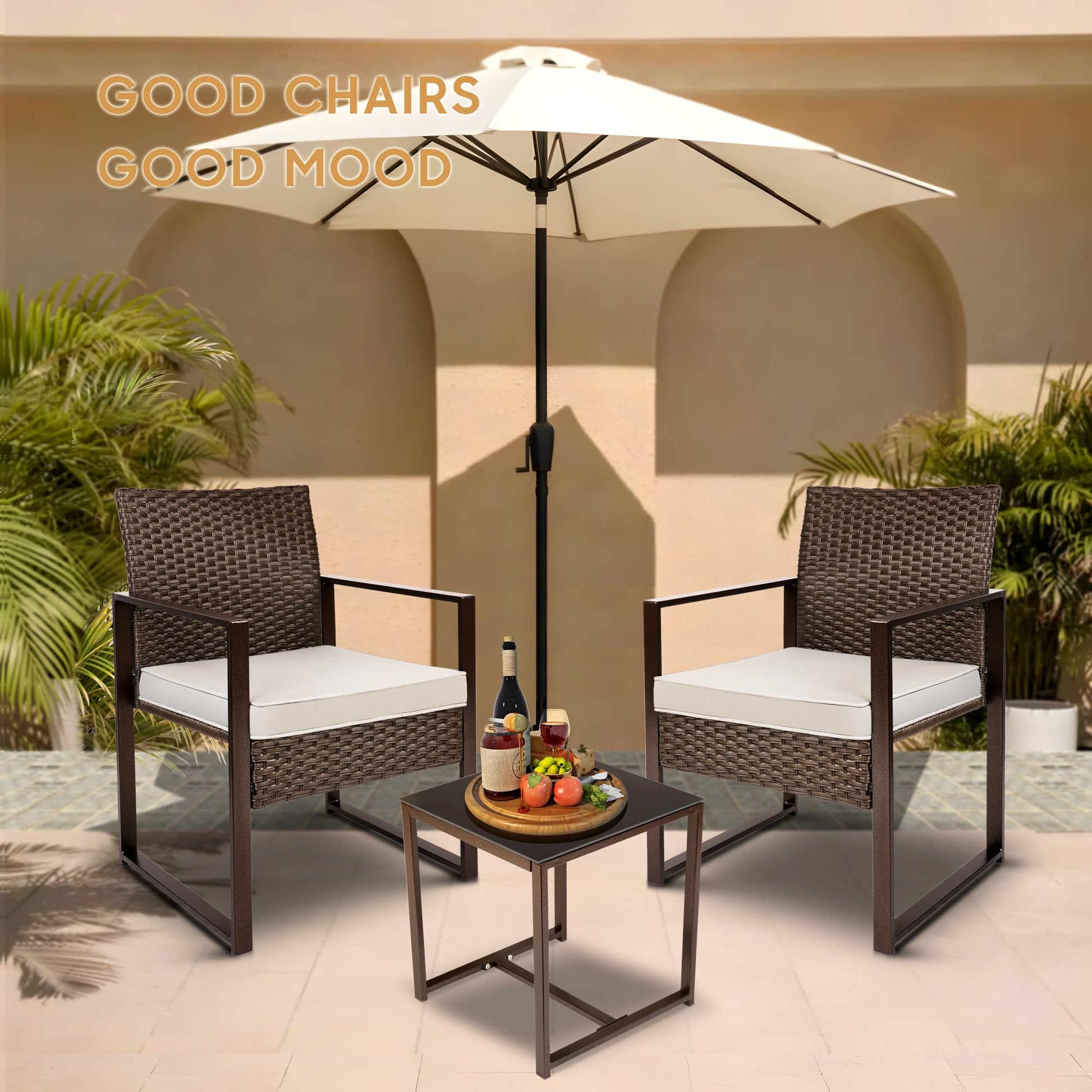 YIYAN Patio Furniture Set 3 Pieces Outdoor Rattan Chair Wicker Sofa Garden Conversation Bistro Sets with Coffee Table,Comfortable Washable Cushions (White) - WoodArtSupply