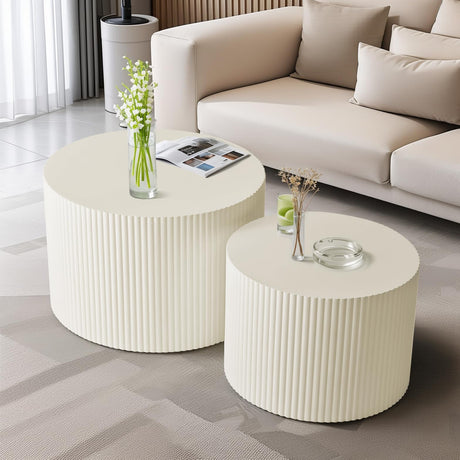 Nesting Coffee Table Set of 2, Modern Drum Side Table End Table, Wave Stripe Round Coffee Table for Living Room, Bedroom, Beige KIGFTSOD