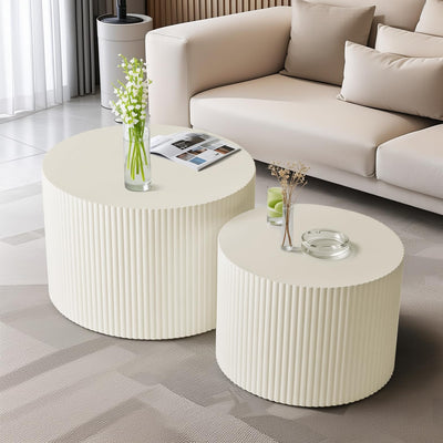 Nesting Coffee Table Set of 2, Modern Drum Side Table End Table, Wave Stripe Round Coffee Table for Living Room, Bedroom, Beige