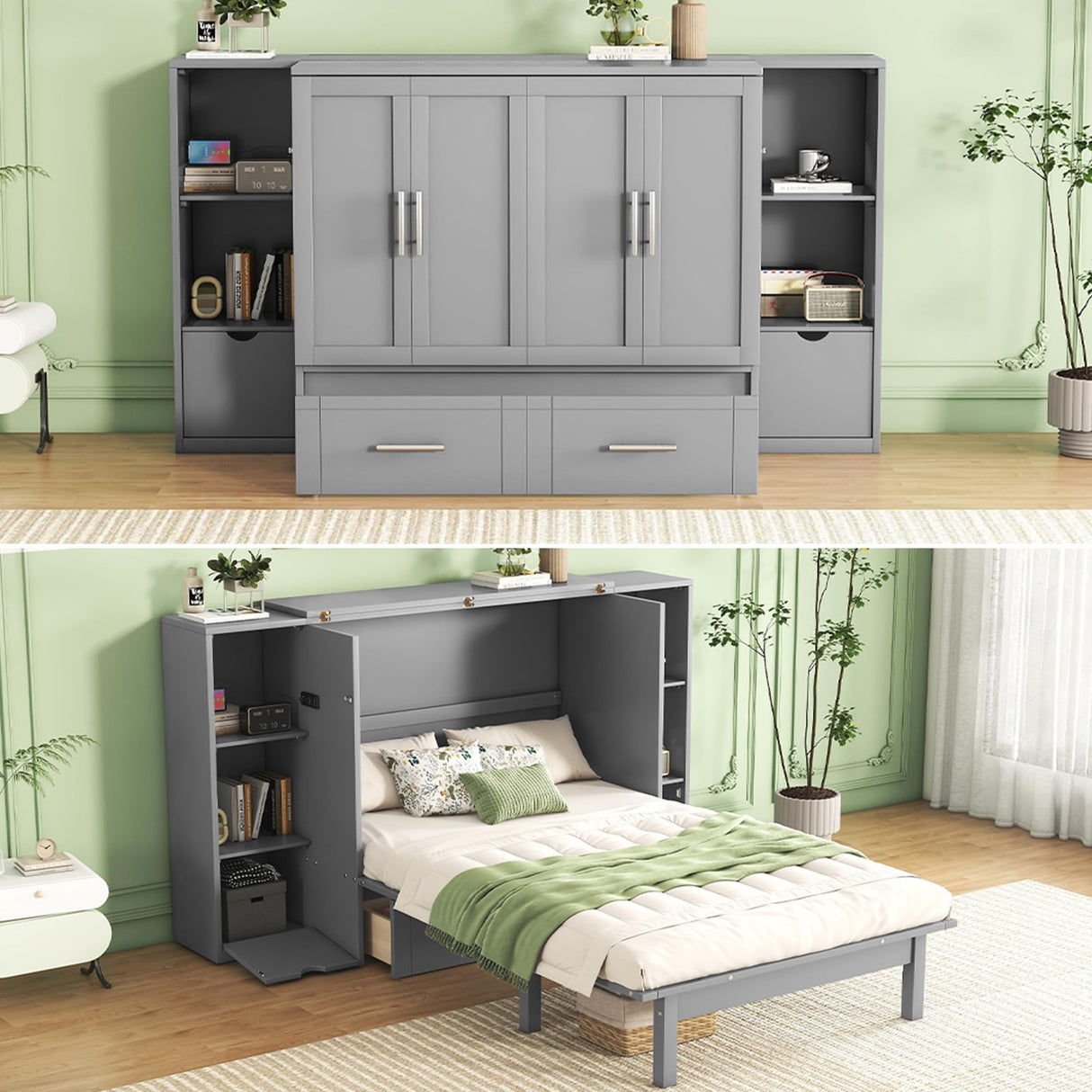 Queen Size Murphy Wall Bed with Storage, Bookcase Headboard, Solid Wood Cabinets, Shelves, Drawers, USB Ports, Multi-Function Platform Bed for Home Office, Guest Room (Gray) MERITLINE