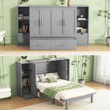 Queen Size Murphy Wall Bed with Storage, Bookcase Headboard, Solid Wood Cabinets, Shelves, Drawers, USB Ports, Multi-Function Platform Bed for Home Office, Guest Room (Gray) MERITLINE