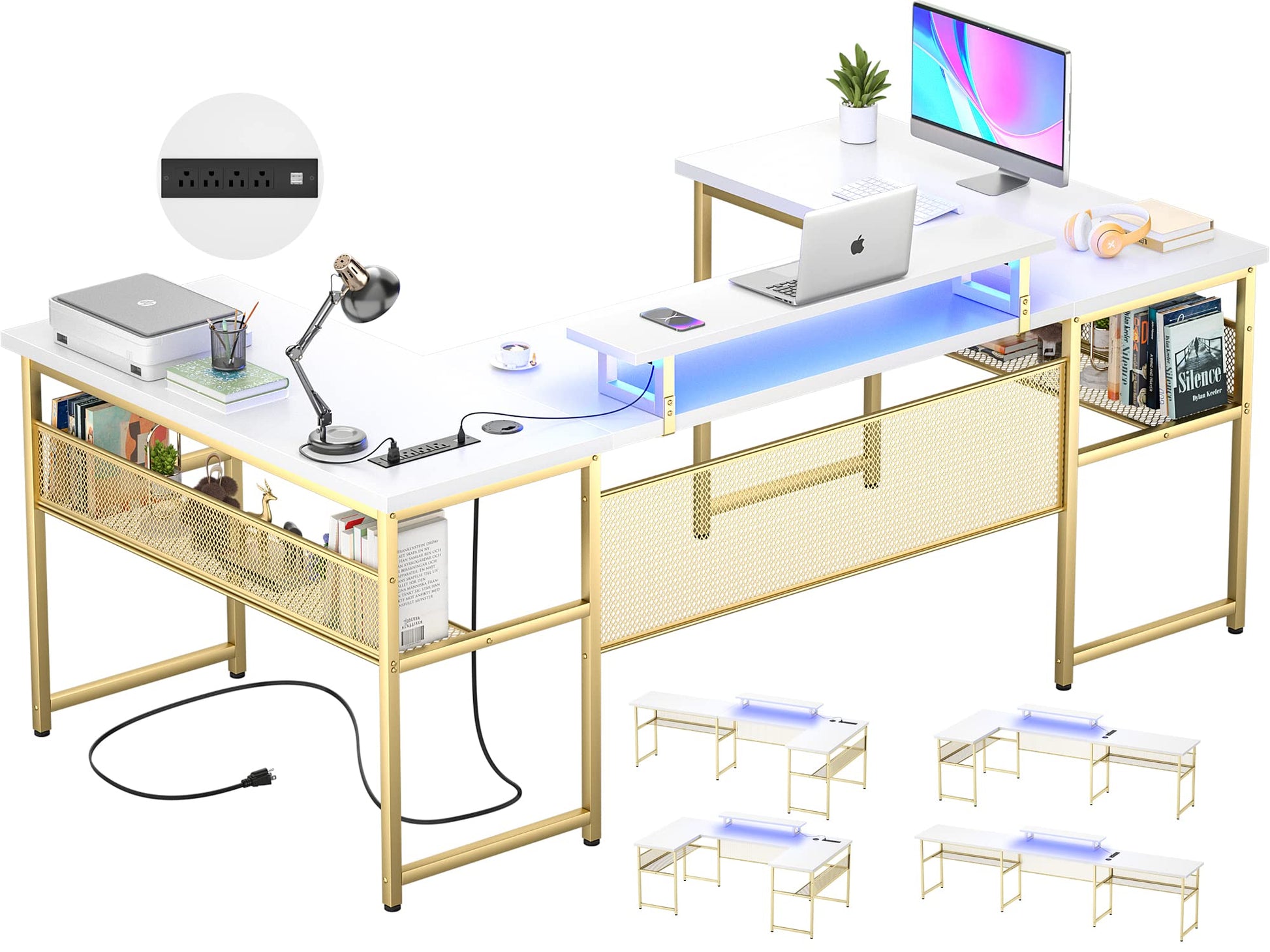 Unikito Reversible U Shaped Desk with LED Lights and Power Outlets - 83 Inch Large Corner Computer Table in White and Gold - WoodArtSupply