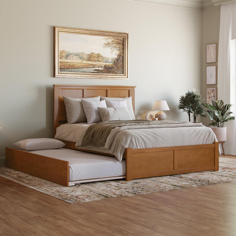 AFI Madison Queen Solid Wood Platform Bed with Footboard & Twin XL Trundle in Light Toffee AFI