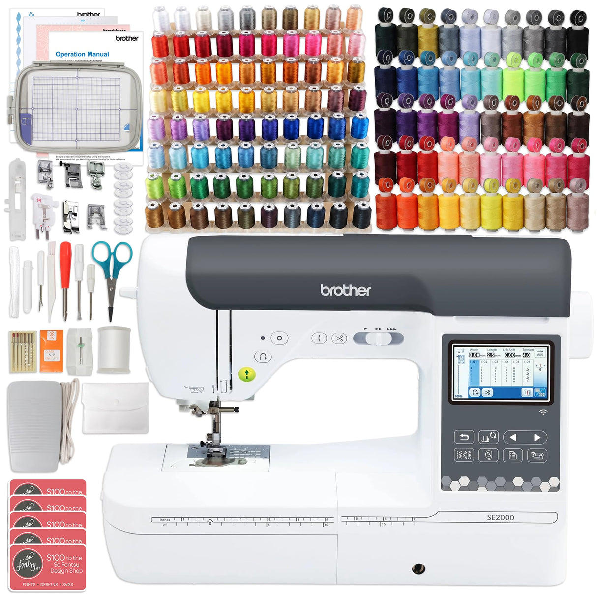 Brother SE2000 5" x 7" Combo Embroidery & Sewing Machine with Deluxe 130 Thread Spools & Accessories Brother