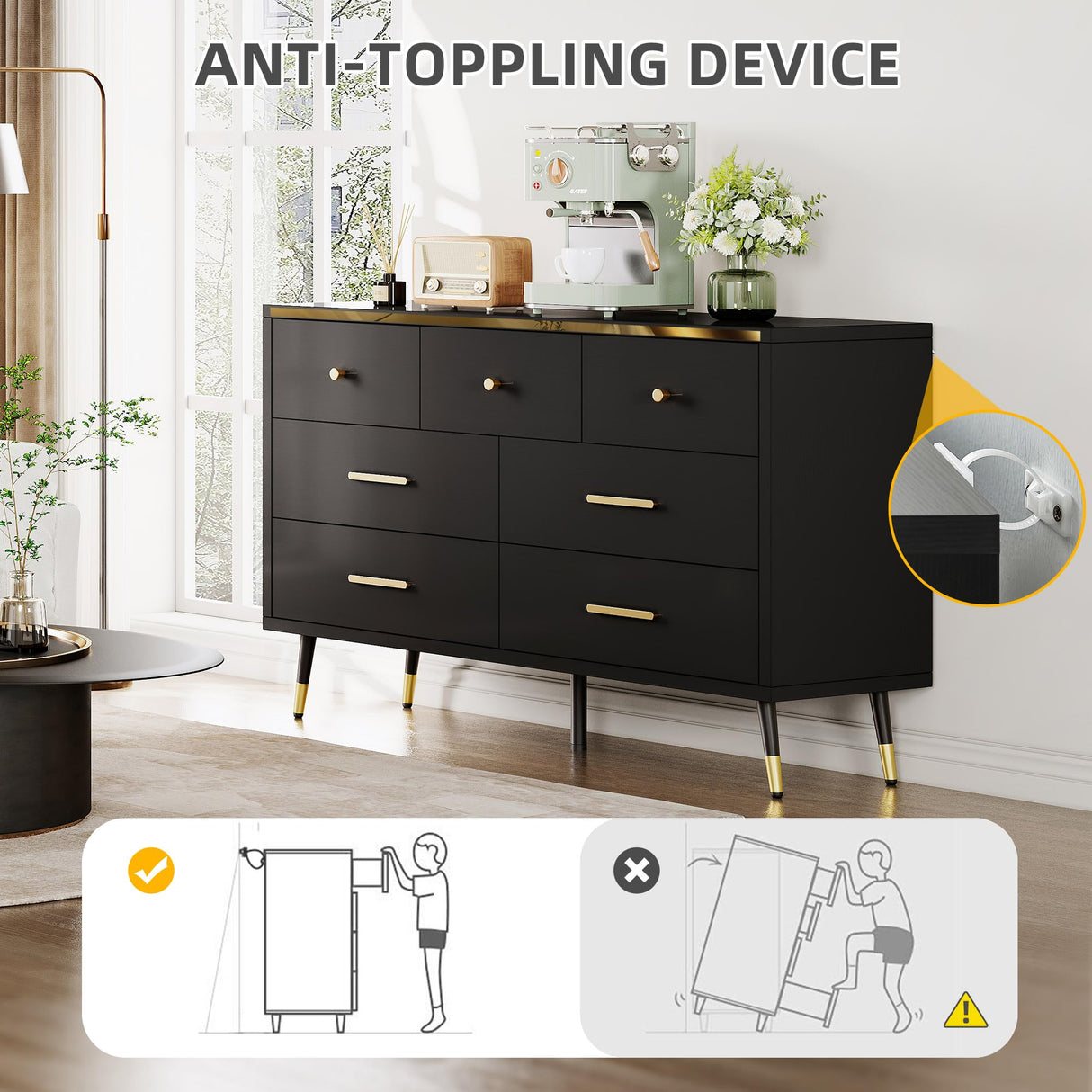 YITAHOME Black Dresser TV Stand for 55 Inch TV/ 7 Drawer Dresser Entertainment Center/Console Table with Metal Handles & Anti-Tipping Device for Living Room YITAHOME