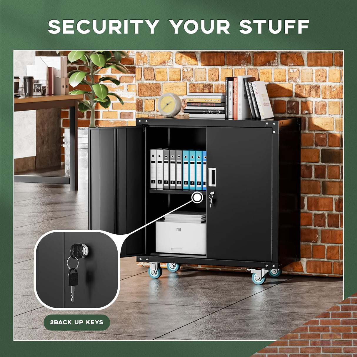 Greenvelly Metal Cabinet with Wheels,Black 36" Rolling Storage Cabinet with Locking Doors and Adjustable Shelves,Small Metal Garage Storage Cabinet with Wheels for Home,Kitchen,Office,Warehouse Greenvelly