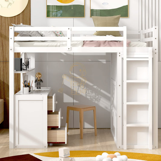 Stylish Twin Loft Bed with Desk and Wardrobe for Kids and Teens, White Wood Frame with Storage Drawers - WoodArtSupply