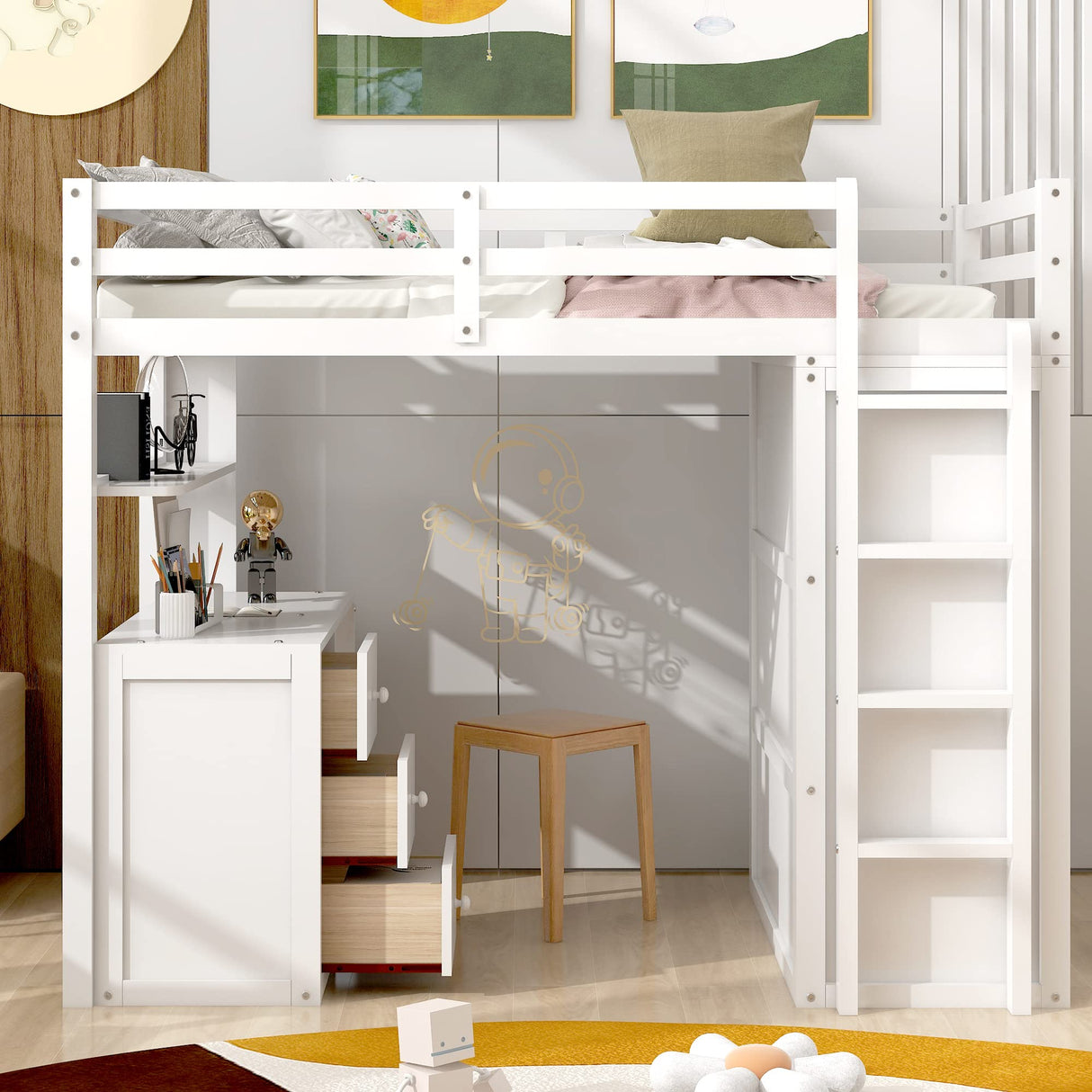 Harper & Bright Designs Twin Size Loft Bed with Wardrobe and Desk, Wooden Twin Loft Bed with Desk and Storage Drawers for Girls Boys Teens,No Box Spring Needed,White Harper & Bright Designs